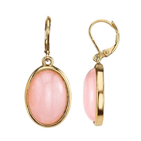 1928 14k Gold Dipped Semi Precious Rose Quartz Pink Oval Earrings NWT - Picture 2 of 4